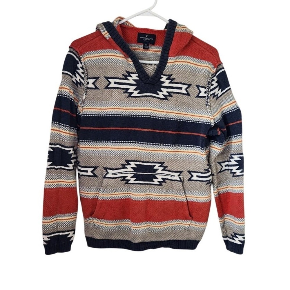 American Eagle Mens Southwestern Geometric Knit Pullover Hoodie Red Navy S 217